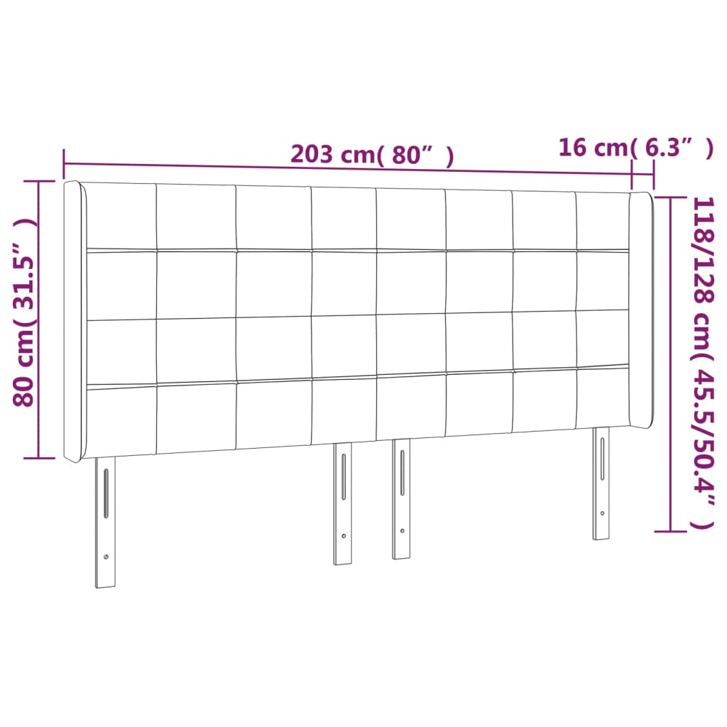 LED uzglavlje crno 203 x 16 x 118/128 cm baršunasto