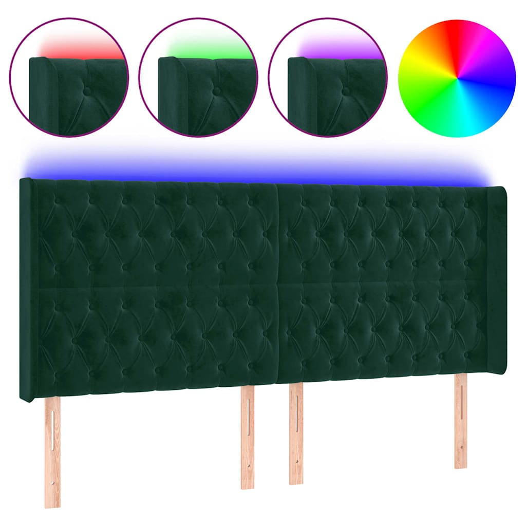 LED uzglavlje tamnozeleno 203 x 16 x 118/128 cm baršunasto