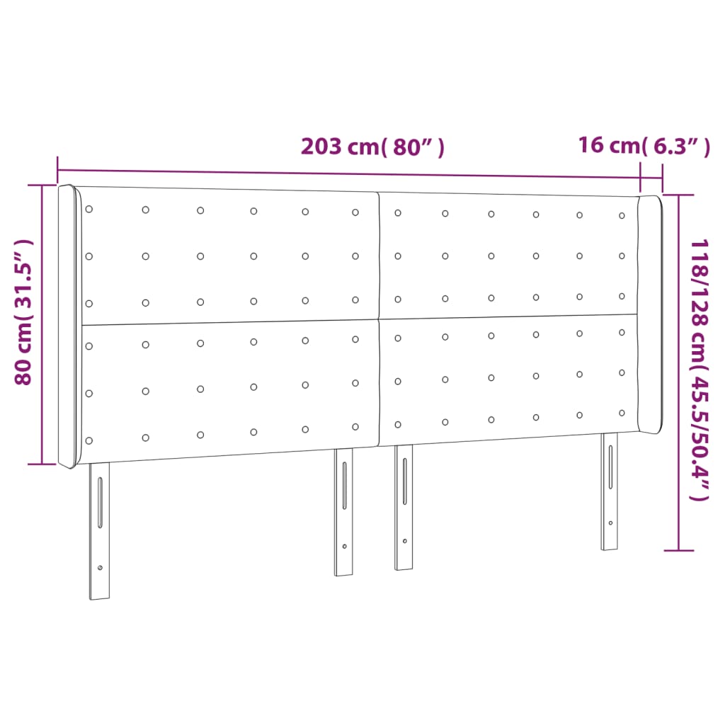 LED uzglavlje crno 203 x 16 x 118/128 cm baršunasto