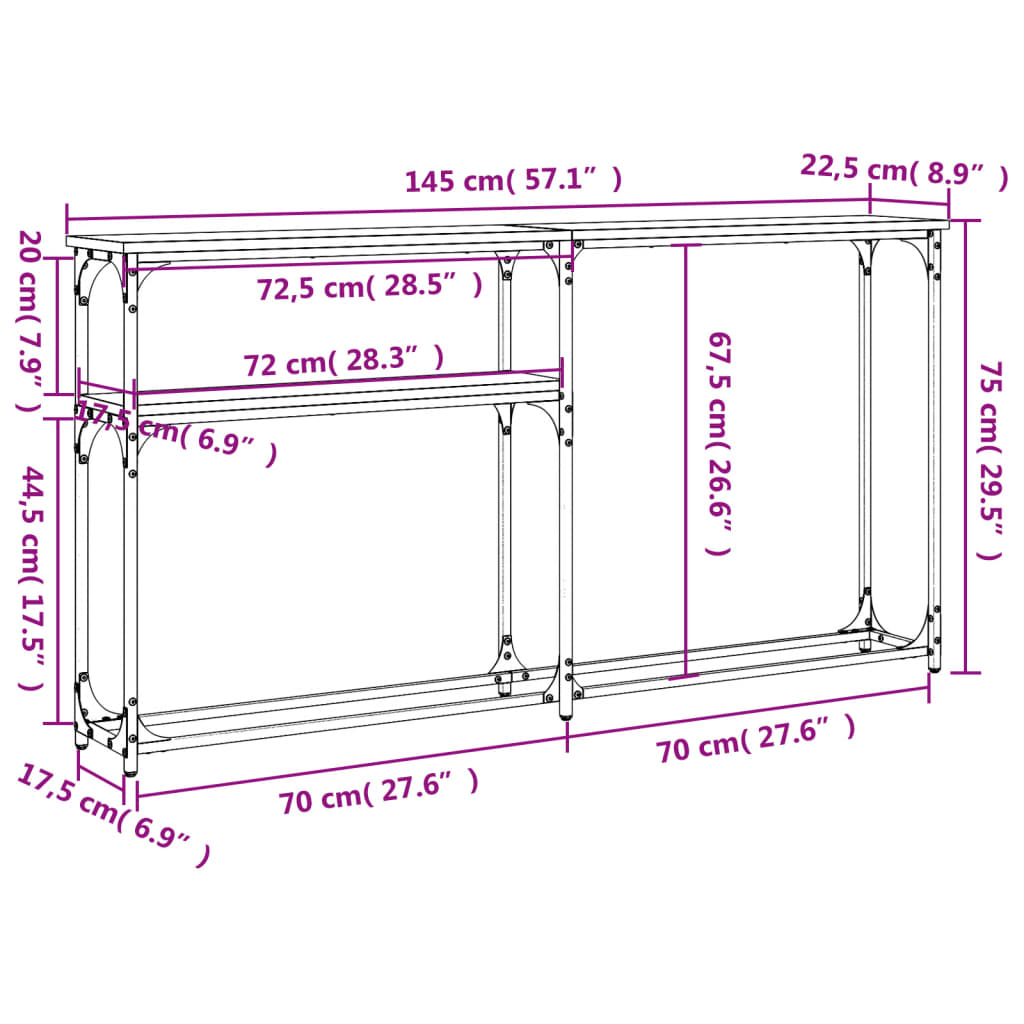 Konzolni stol siva boja hrasta 145x22,5x75 cm konstruirano drvo