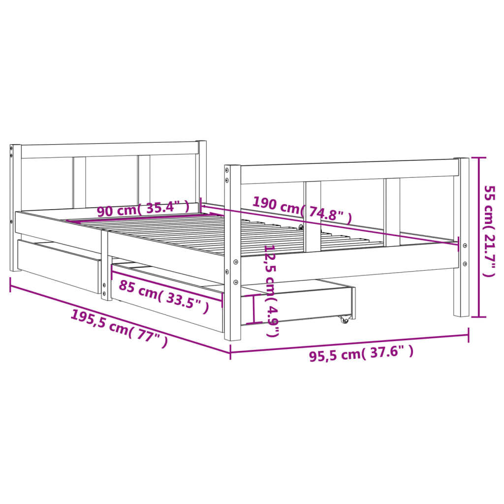 Okvir za dječji krevet s ladicama crni 90 x 190 cm od borovine