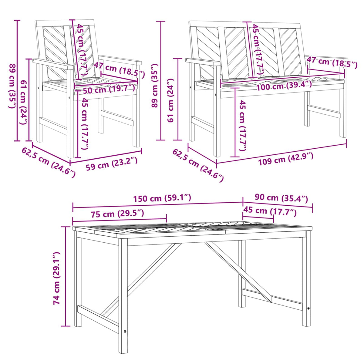 Vrtni set za objed 5 kom. Smeđa 150 x 90 x 74 cm