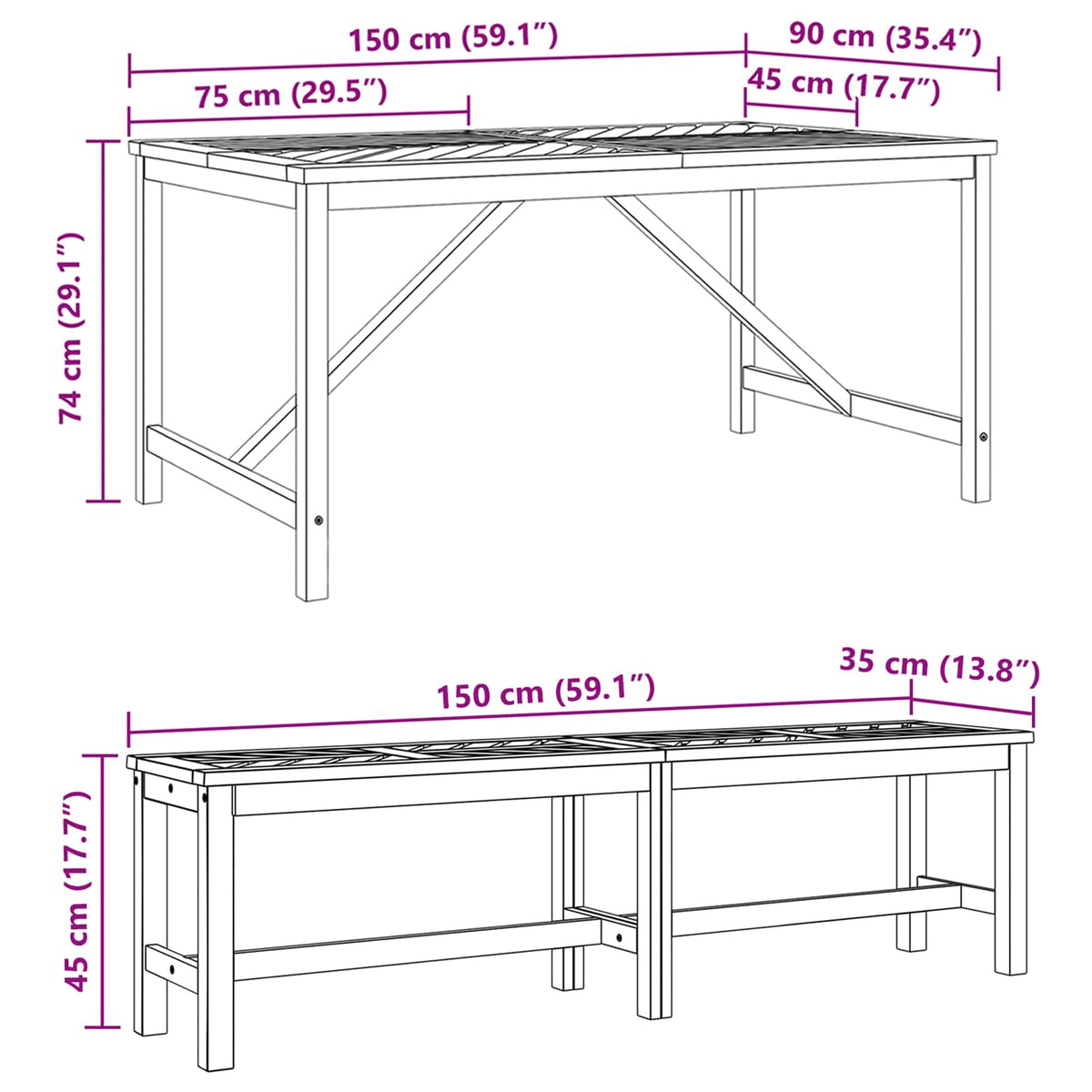Vrtni set za objed 3 kom. Smeđa 150 x 90 x 74 cm