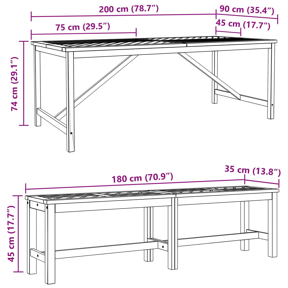 Vrtni set za objed 5 kom. Smeđa 200 x 90 x 74 cm