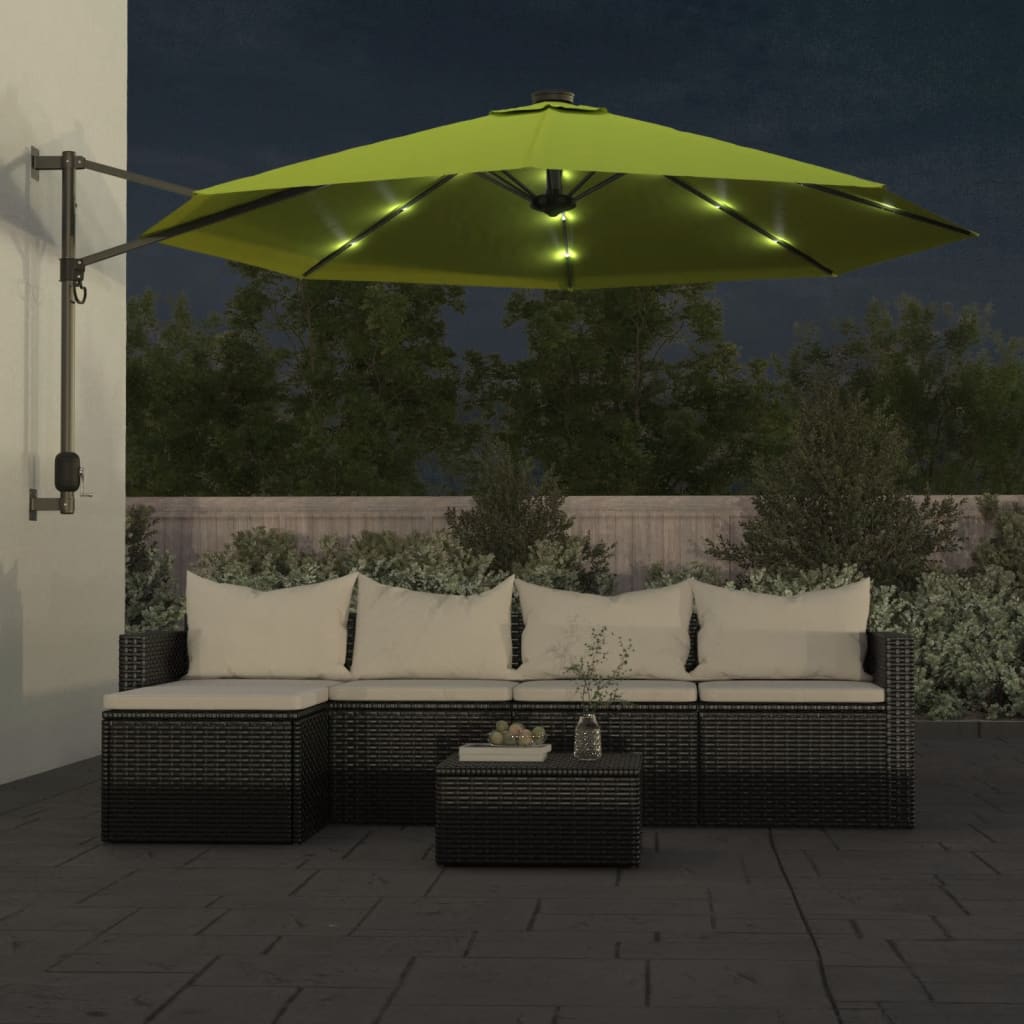 Zidni suncobran s LED svjetlima svjetlozeleni 290 cm