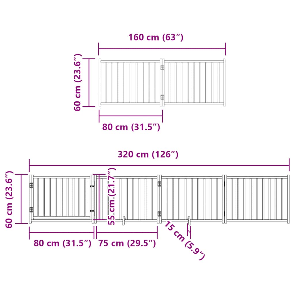 Vrata za pse s vratašcima 8 panela sklopiva 640 cm drvo topole Bijela 80 x 60 x 2 cm