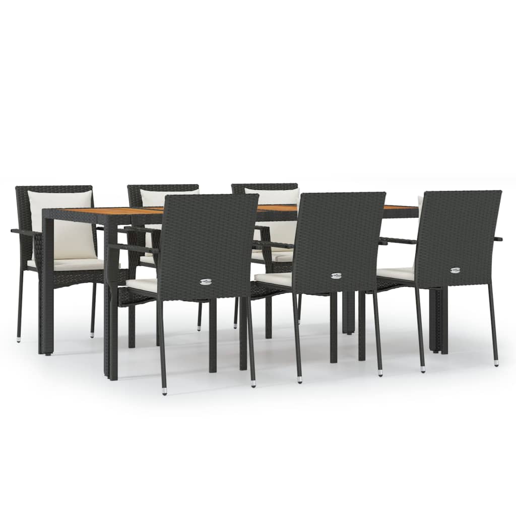 7-dijelni vrtni blagovaonski set s jastucima crni od poliratana Crna Dužina stola 190 cm