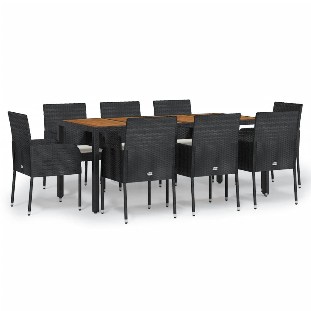 9-dijelni vrtni blagovaonski set s jastucima crni od poliratana Crna Dužina stola 190 cm