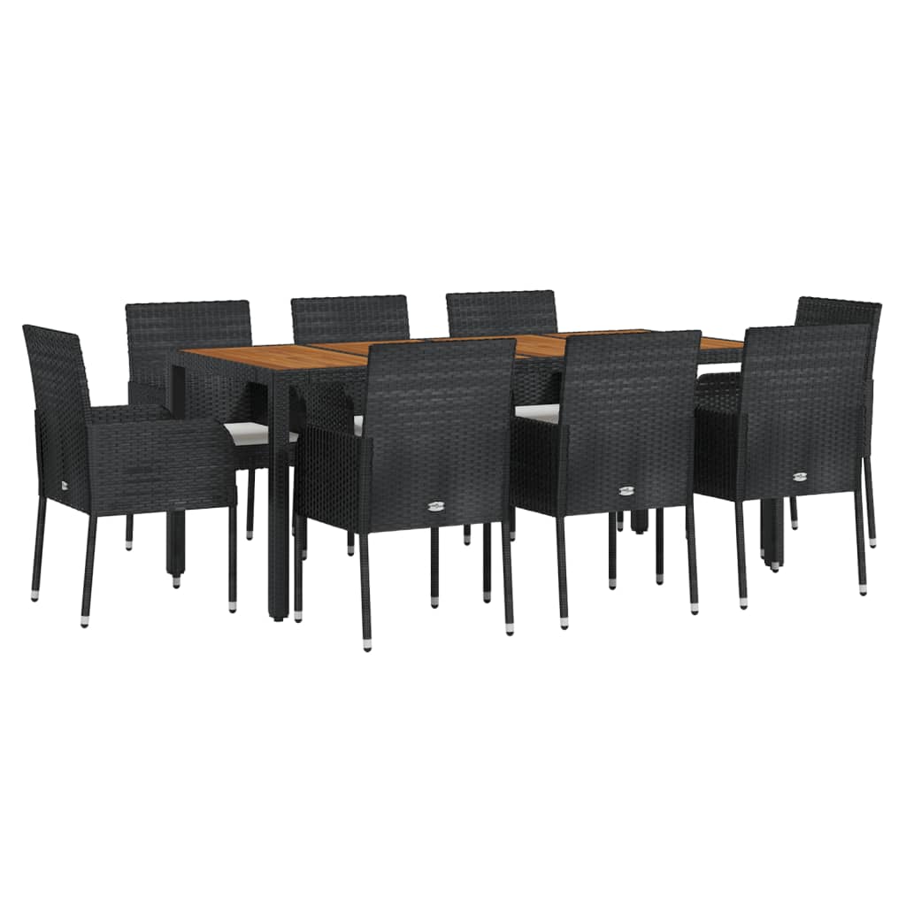 9-dijelni vrtni blagovaonski set s jastucima crni od poliratana Crna Dužina stola 190 cm