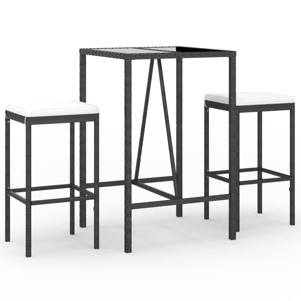3-dijelni vrtni barski set od poliratana s jastucima crni Crna 70 cm table length