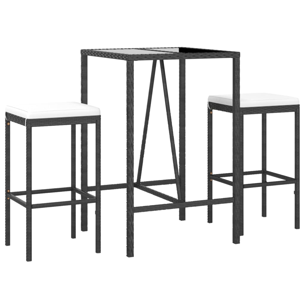 3-dijelni vrtni barski set od poliratana s jastucima crni Crna 70 cm table length
