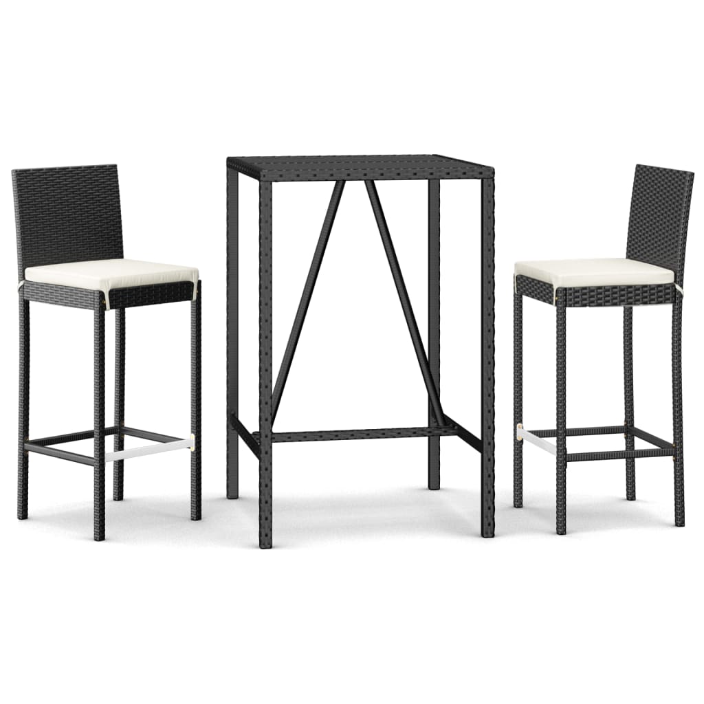 3-dijelni vrtni barski set od poliratana s jastucima crni Crna 70 cm table length