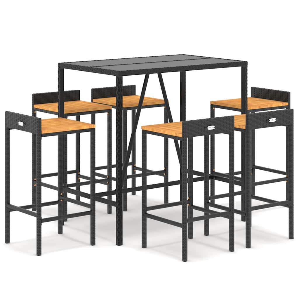 7-dijelni vrtni barski set crni od poliratana i drva bagrema Crna 110 cm table length