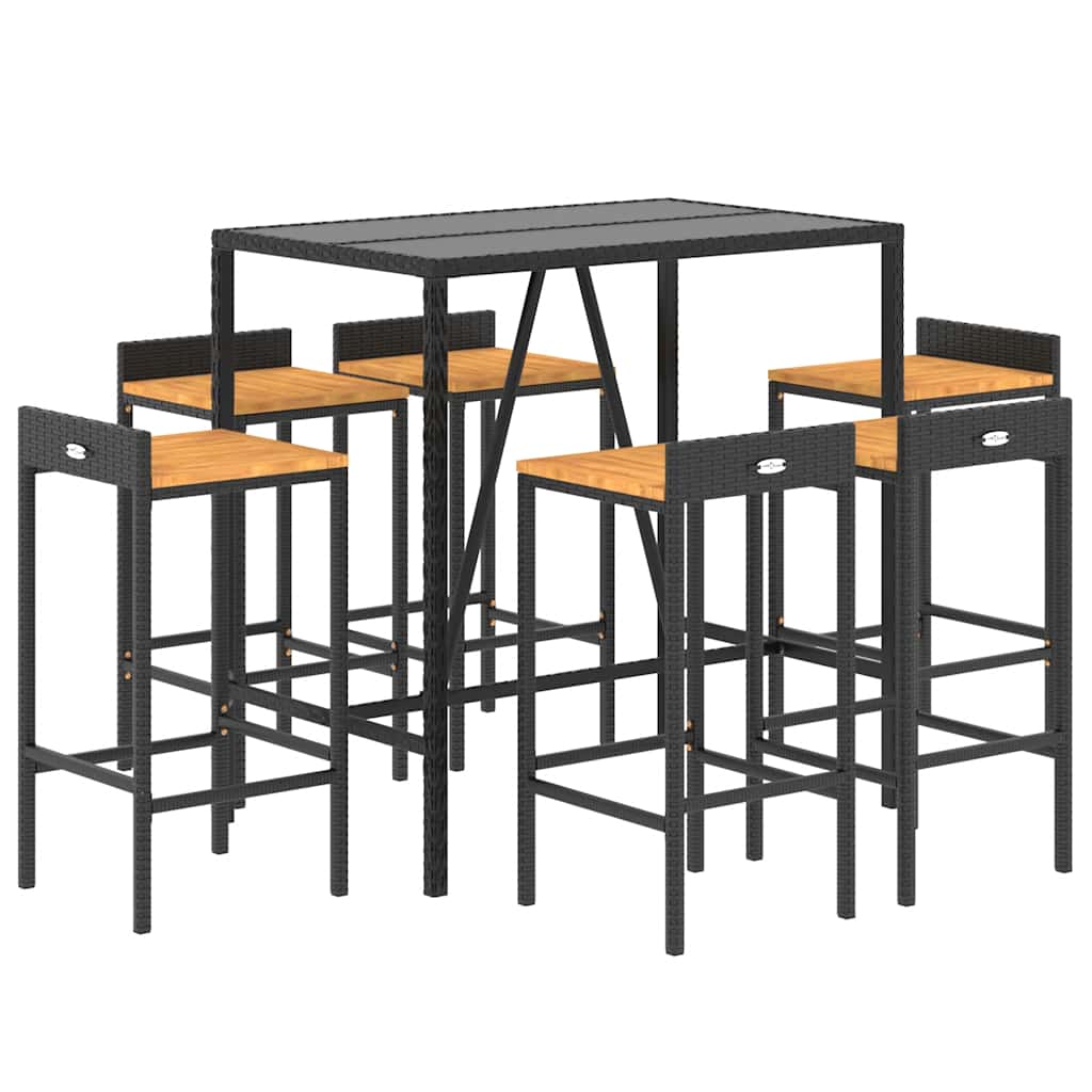 7-dijelni vrtni barski set crni od poliratana i drva bagrema Crna 110 cm table length