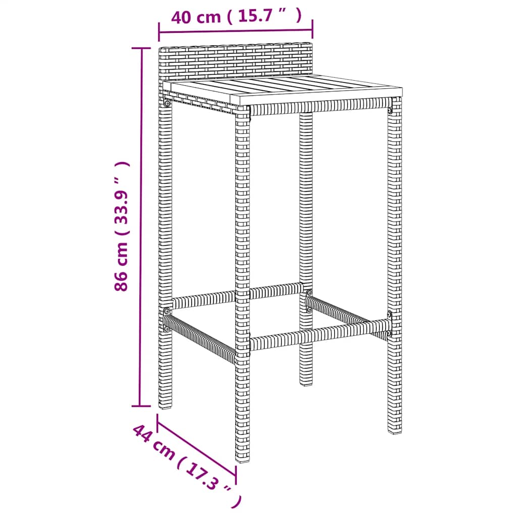 7-dijelni vrtni barski set crni od poliratana i drva bagrema Crna 110 cm table length
