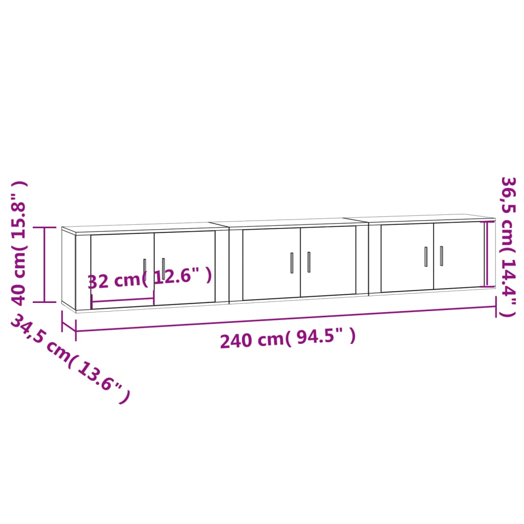 Zidni TV ormarići 3 kom siva boja betona 80x34,5x40 cm