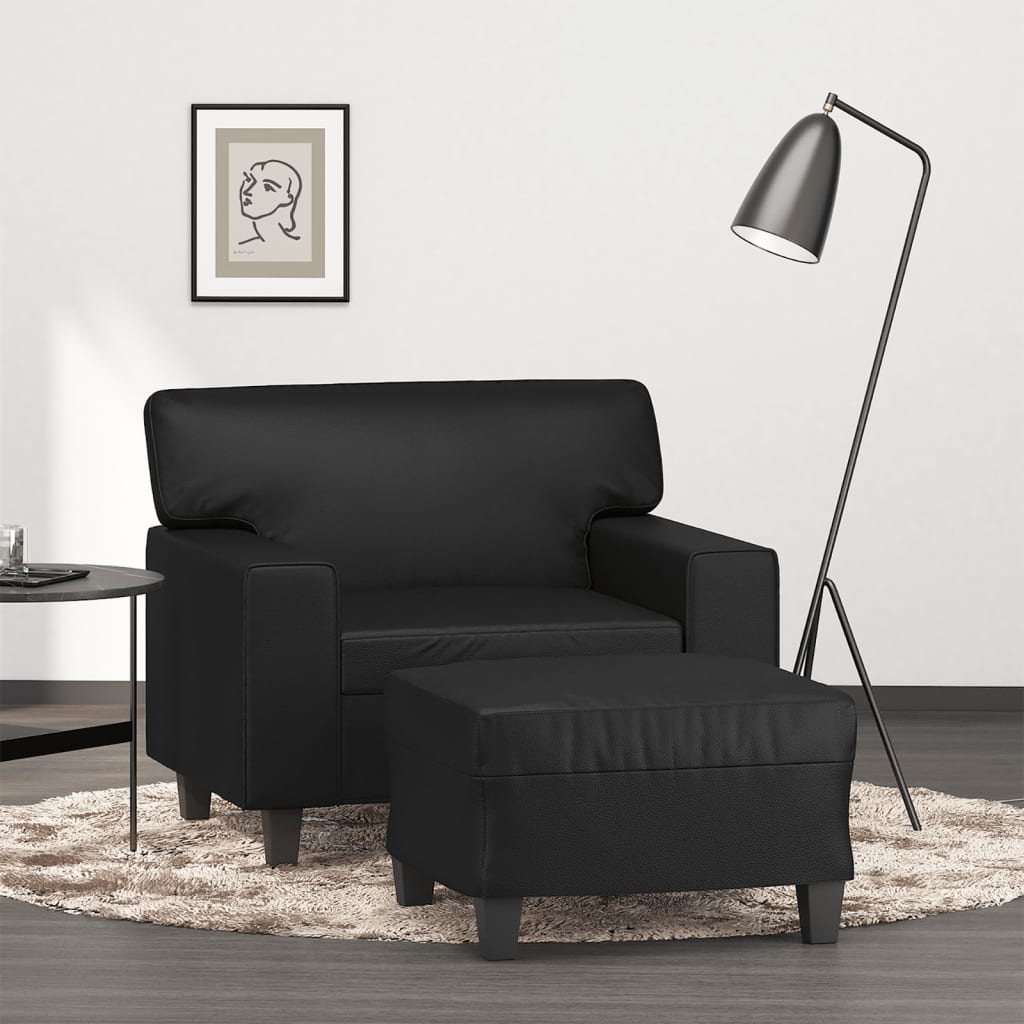 Fotelja s tabureom 60 cm od umjetne kože Crna