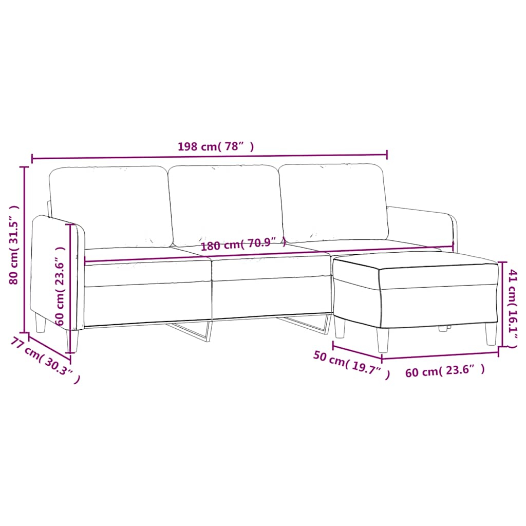 Trosjed s tabureom crni 180 cm baršunasti