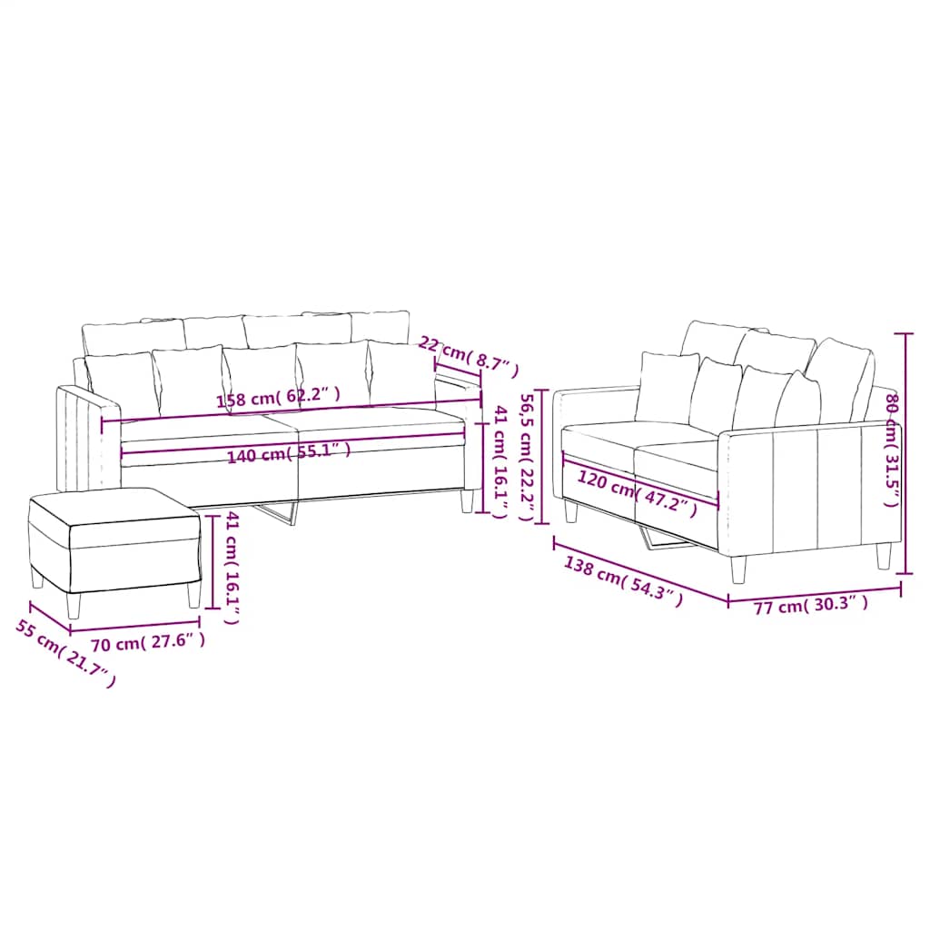 3-dijelni set sofa s jastucima krem baršunasti Krema