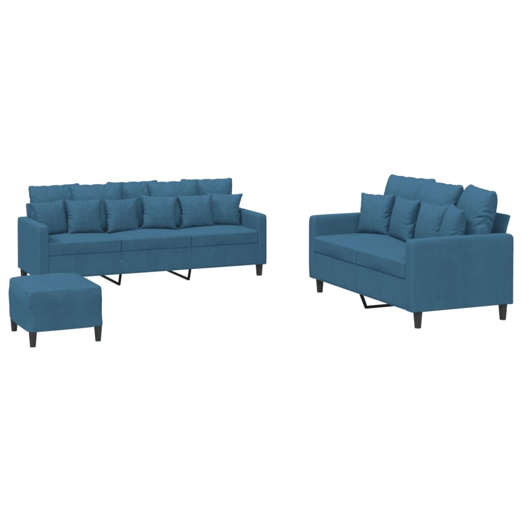 3-dijelni set sofa s jastucima plavi baršunasti Plava