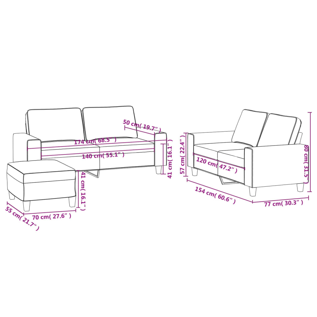 3-dijelni set sofa crni od tkanine Crna