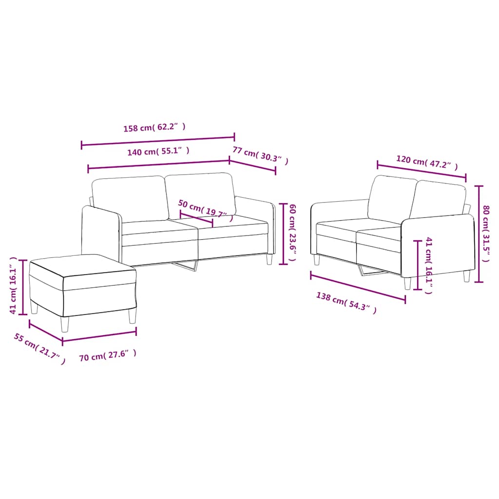 3-dijelni set sofa crni baršunasti