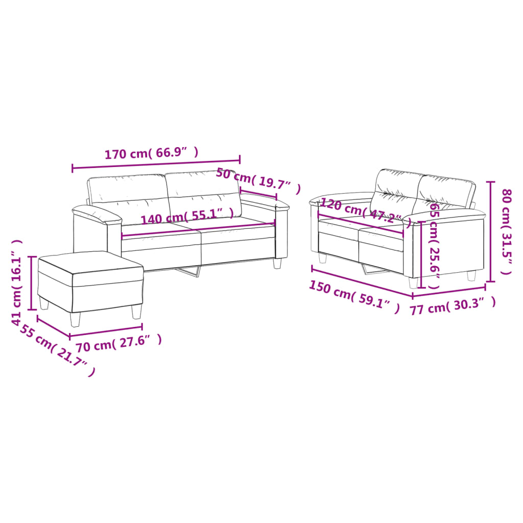 3-dijelni set sofa s jastucima svjetlosivi od mikrovlakana Siva