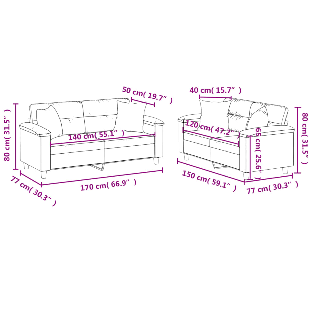 2-dijelni set sofa s jastucima svjetlosivi od mikrovlakana Siva