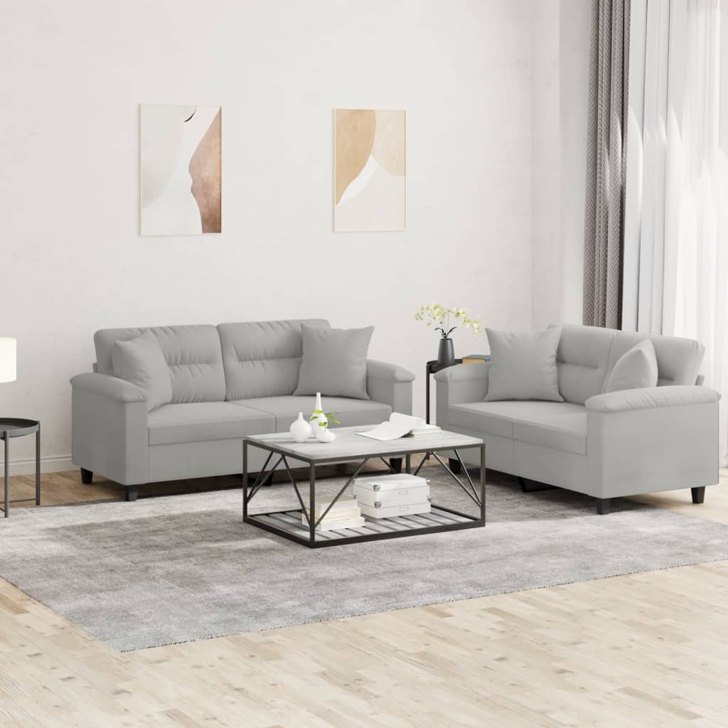 2-dijelni set sofa s jastucima svjetlosivi od mikrovlakana Siva