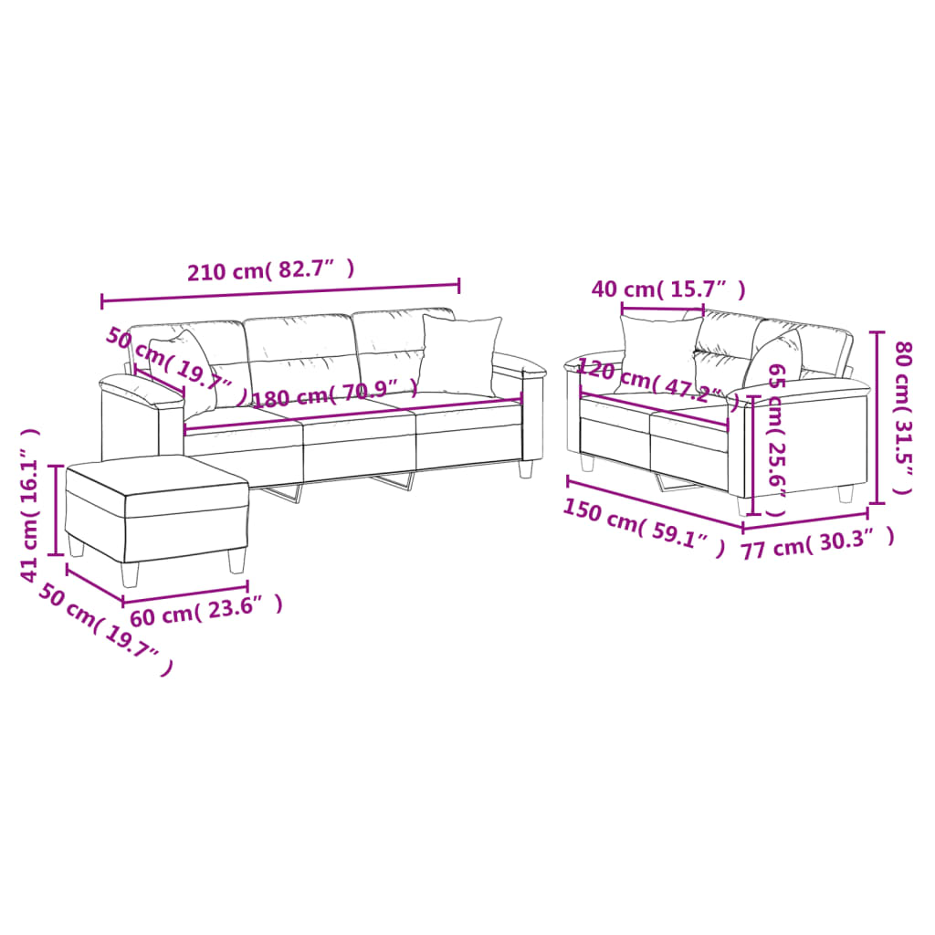 3-dijelni set sofa s jastucima bež od mikrovlakana