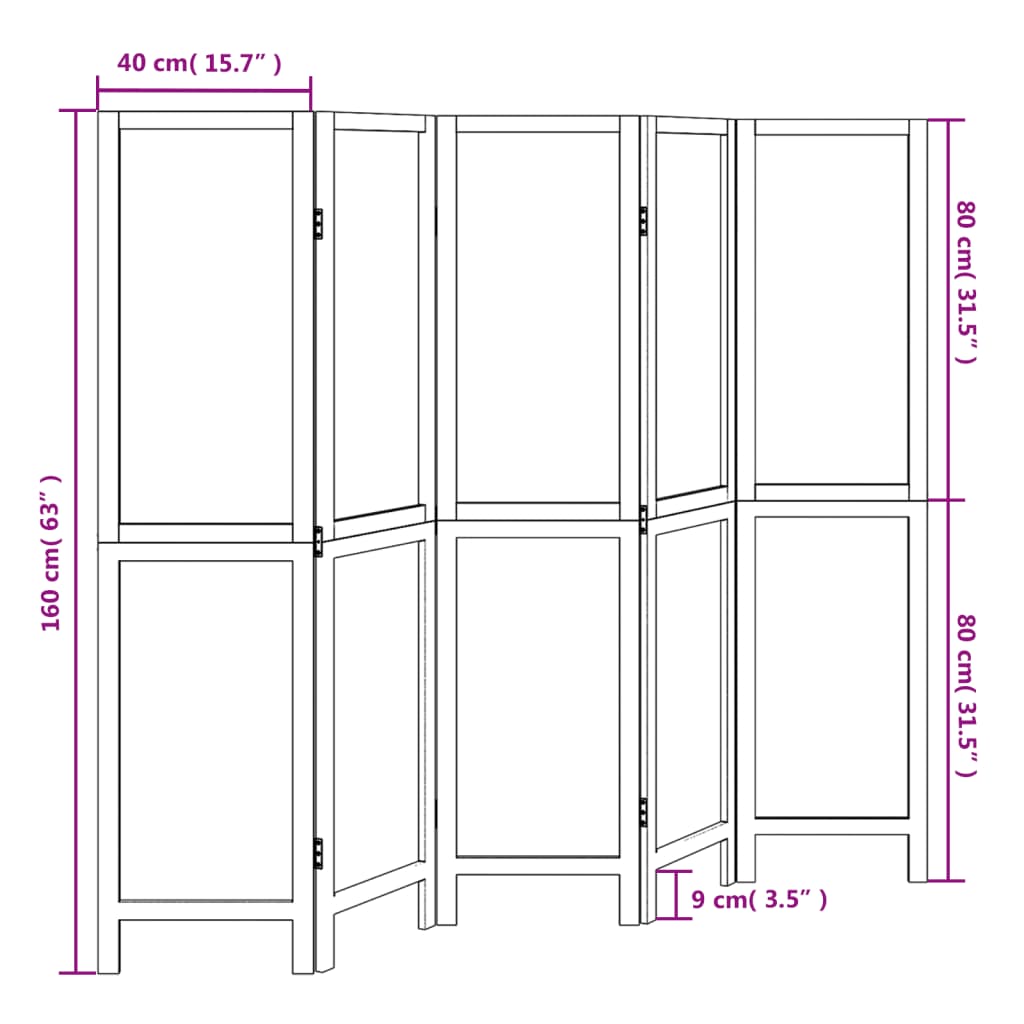 Sobna pregrada s 5 panela tamnosmeđa masivno drvo paulovnije 40 x 160 cm