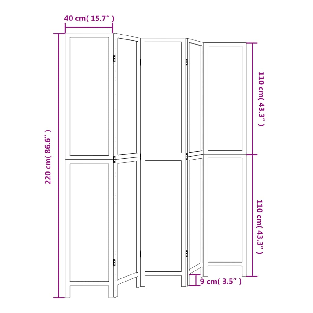Sobna pregrada s 5 panela tamnosmeđa masivno drvo paulovnije 40 x 220 cm