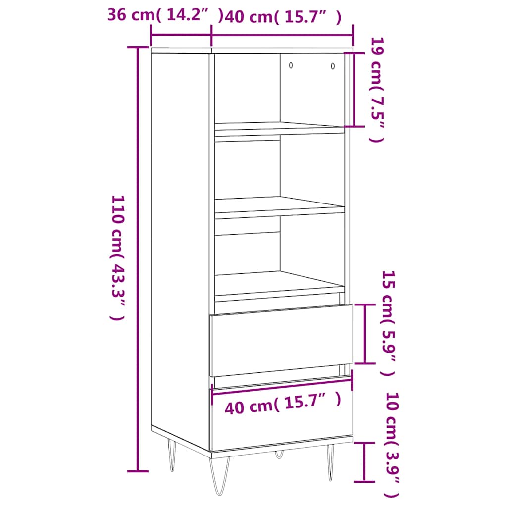 Visoka komoda boja hrasta 40x36x110 cm od konstruiranog drva Siva