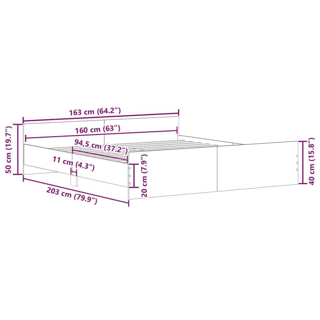 Okvir kreveta s uzglavljem i podnožjem boja betona 160x200 cm