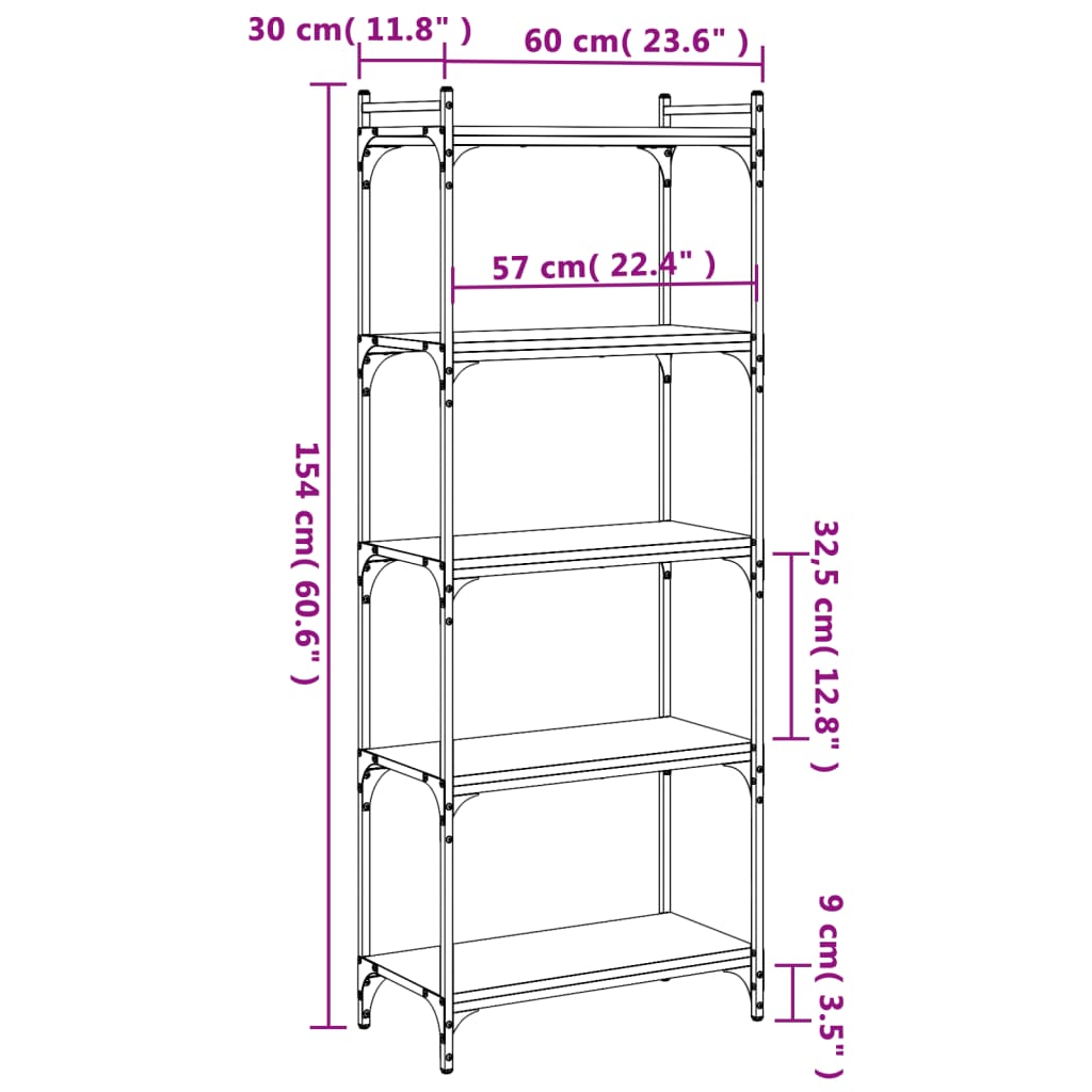 Regal za knjige s 5 razina boja hrasta 60 x 30 x 154 cm drveni