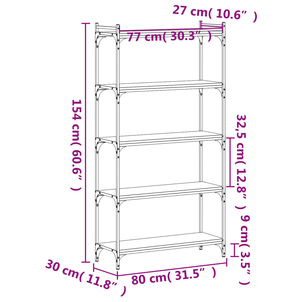 Regal za knjige s 5 razina boja hrasta 80 x 30 x 154 cm drveni