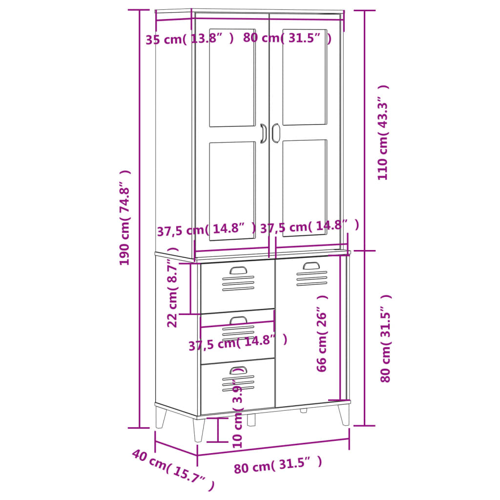 Visoka komoda VIKEN bijela 80 x 40 x 190 cm od masivne borovine
