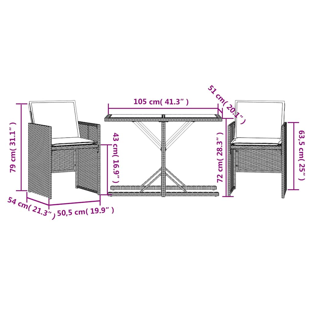 3-dijelni bistro set od poliratana s jastucima sivi