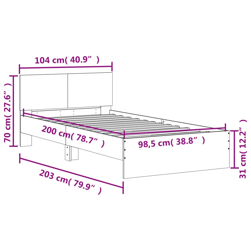 Okvir za krevet s uzglavljem boja hrasta 100x200 cm drveni Siva 100 x 200 cm