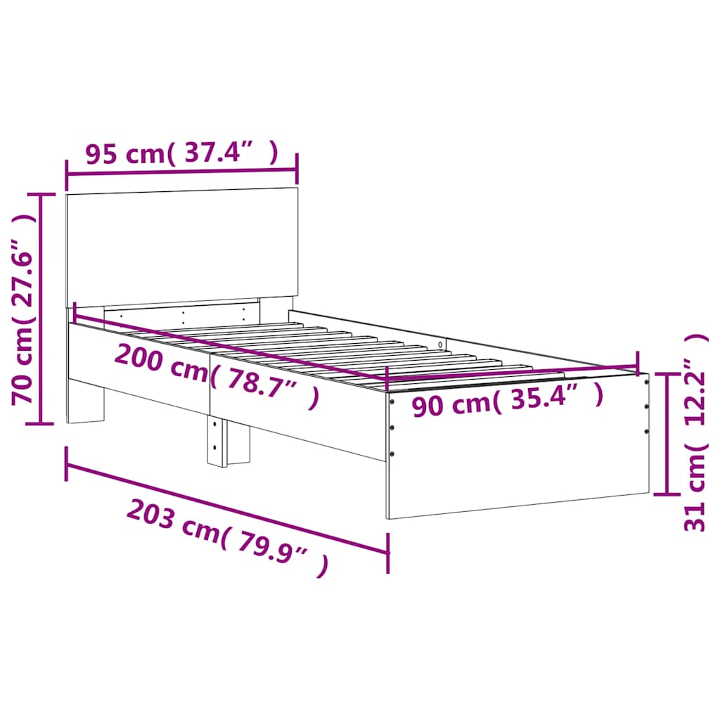 Okvir za krevet s uzglavljem boja hrasta 90x200 cm drveni Smeđa 90 x 200 cm