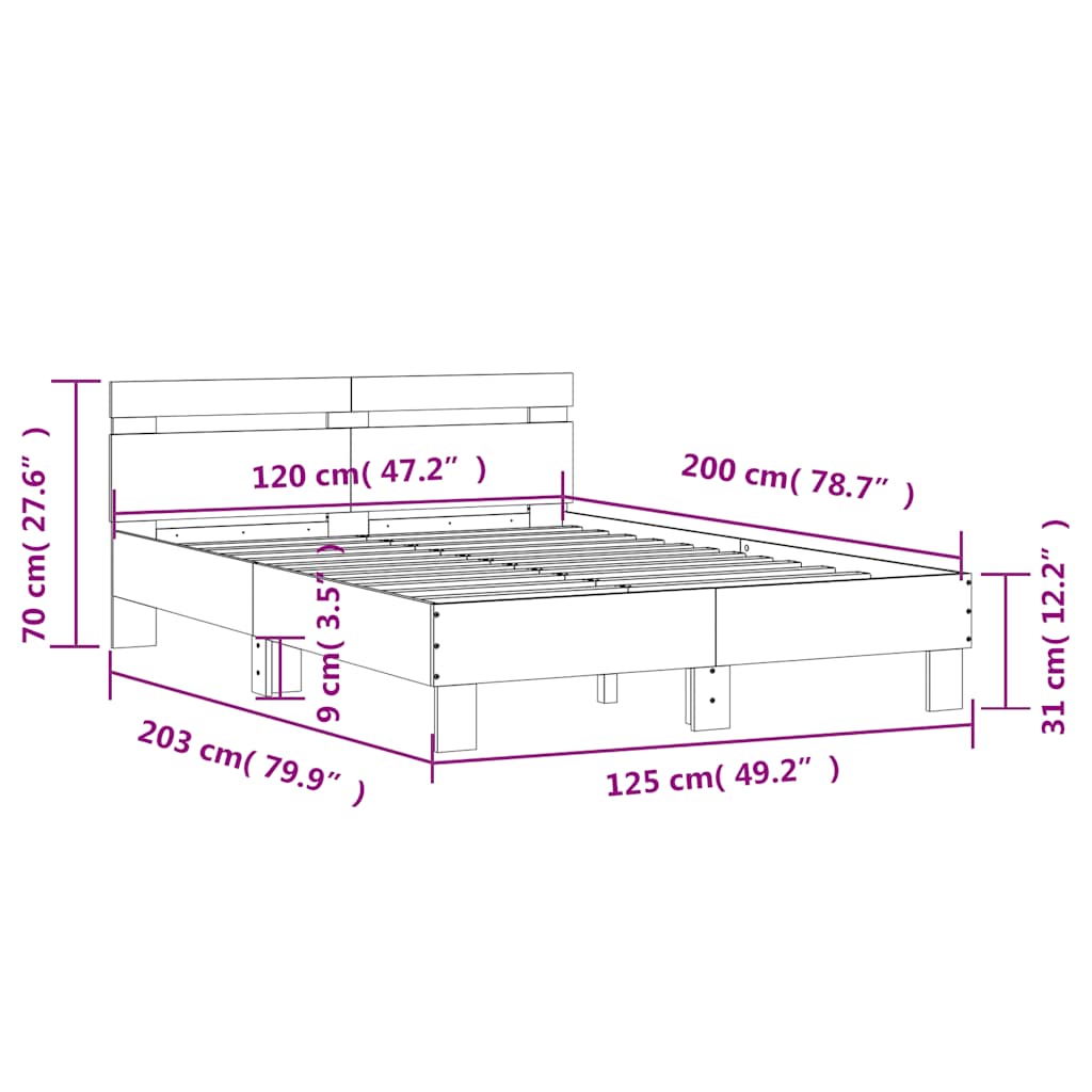 Okvir za krevet s uzglavljem boja hrasta 120x200 cm drveni Siva 120 x 200 cm