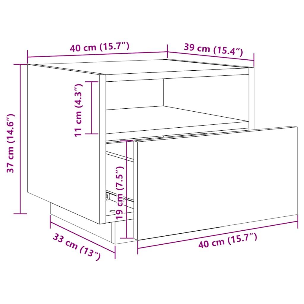Noćni ormarić s LED svjetlima crni 40 x 39 x 37 cm
