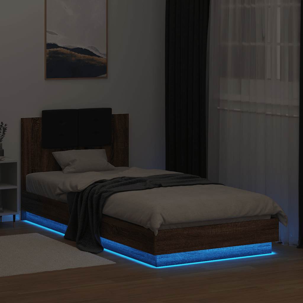 Okvir za krevet s uzglavljem i LED svjetlima boja smeđeg hrasta Smeđa 90 x 200 cm