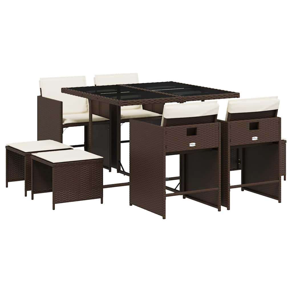 9-dijelni vrtni blagovaonski set s jastucima poliratan smeđi Smeđa Dužina stola 190 cm
