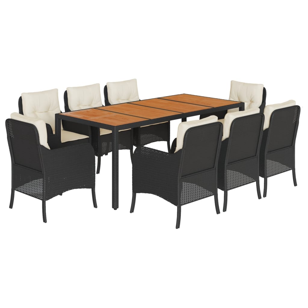 9-dijelni vrtni blagovaonski set s jastucima crni od poliratana Crna 190 cm table length