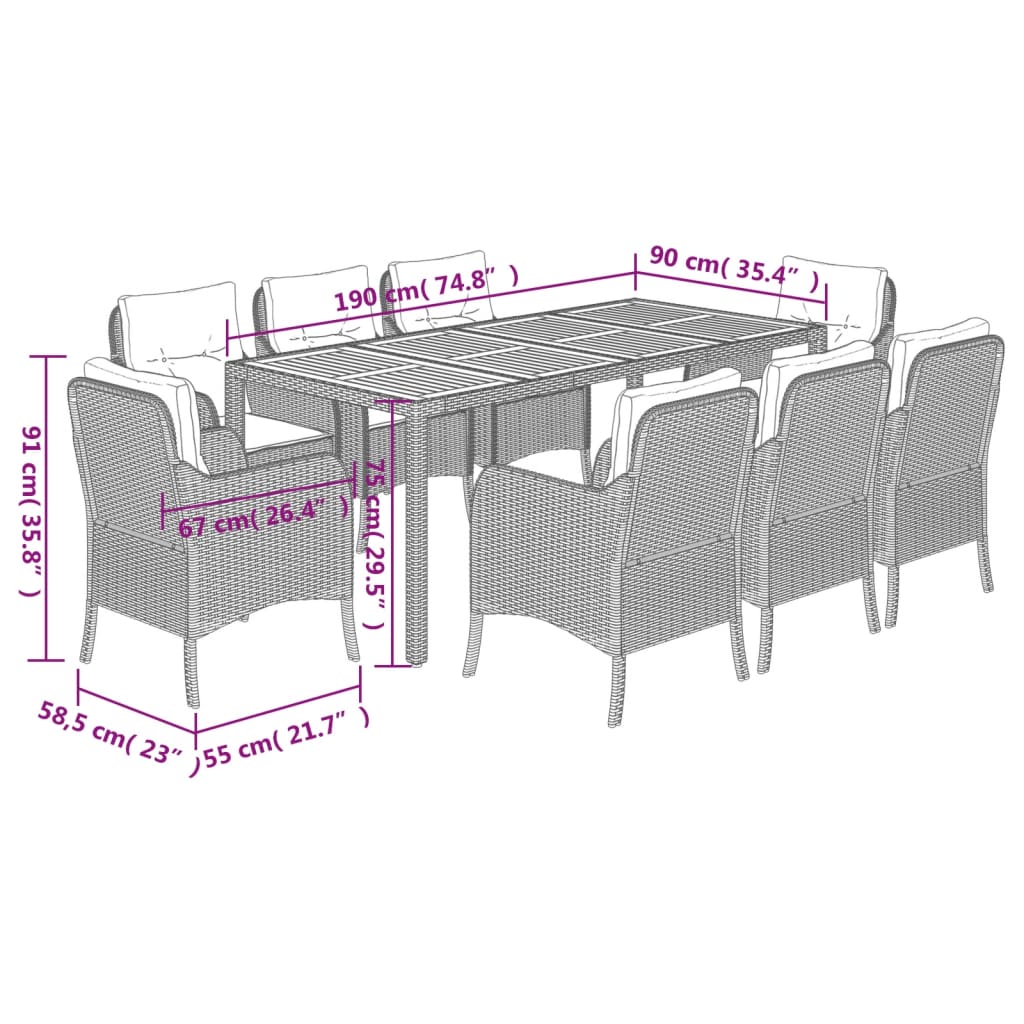 9-dijelni vrtni blagovaonski set s jastucima crni od poliratana Crna 190 cm table length