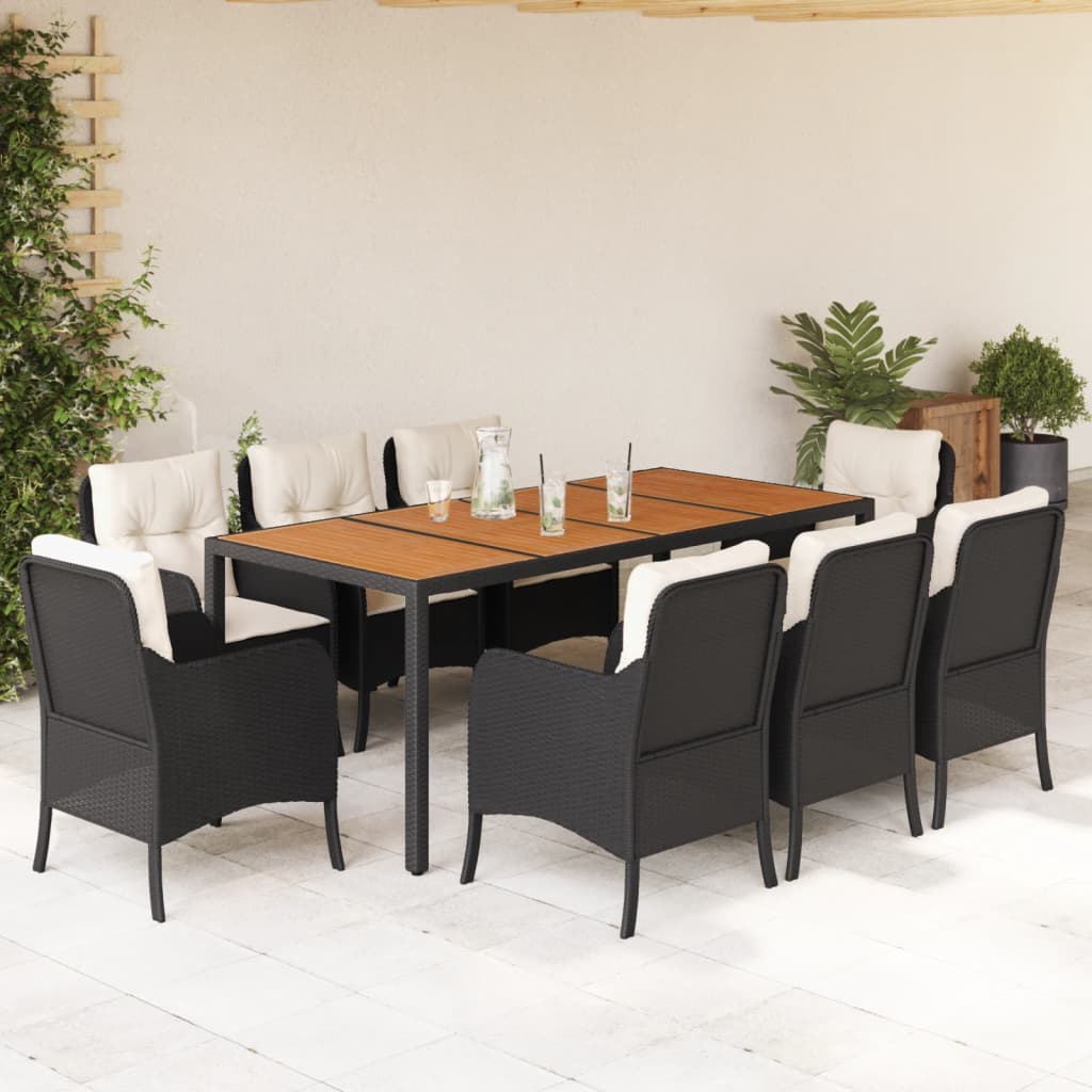 9-dijelni vrtni blagovaonski set s jastucima crni od poliratana Crna 190 cm table length