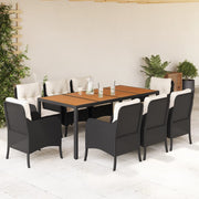 9-dijelni vrtni blagovaonski set s jastucima crni od poliratana Crna 190 cm table length