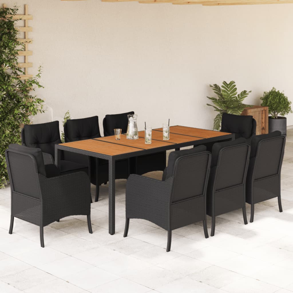 9-dijelni vrtni blagovaonski set s jastucima crni od poliratana Crna Dužina stola 190 cm
