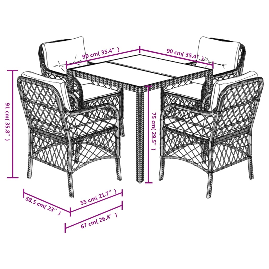 5-dijelni vrtni blagovaonski set s jastucima od poliratana crni Crna 90 cm table length
